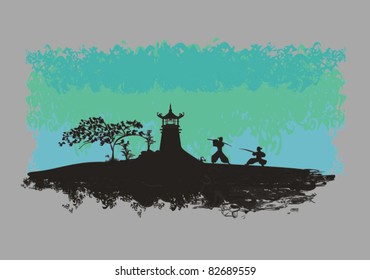 Samurai silhouette in Asian Landscape