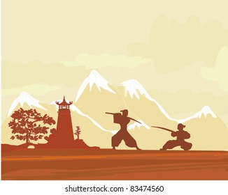 Samurai silhouette in Asian Landscape
