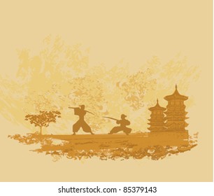 Samurai silhouette in Asian Landscape