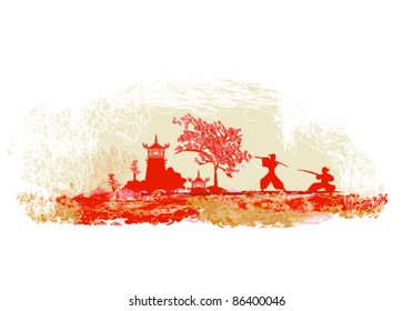 Samurai silhouette in Asian Landscape