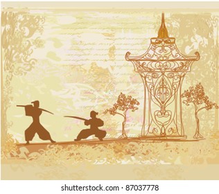 Samurai silhouette in Asian Landscape