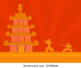 Samurai silhouette in Asian Landscape