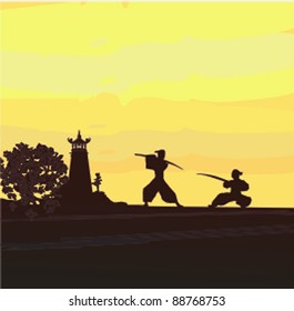 Samurai silhouette in Asian Landscape