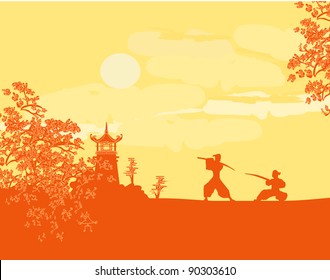 Samurai silhouette in Asian Landscape
