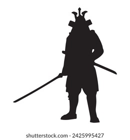 samurai silhouette isolated black on white background vector illustration