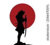 Samurai Silhouette, Japanese Flag Style Background, Isolated Vector