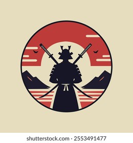 Samurai silhouette with katanas, red sun, and mountains in a minimalist Japanese style