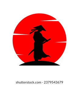 samurai silhouette logo in front of red moon vector