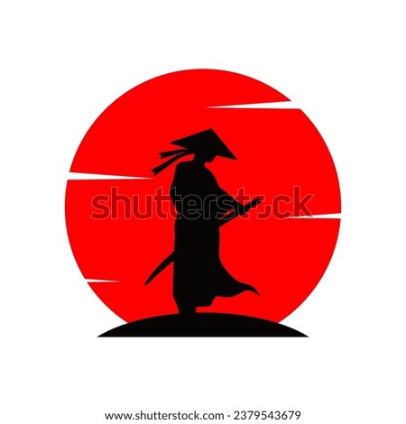 samurai silhouette logo in front of red moon vector
