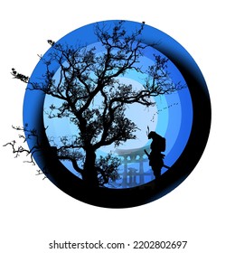 samurai silhouette on night background. Japanese samurai warrior with sword. Samurai with full moon wallpaper. victorious samurai illustration in battle. vector