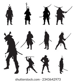 samurai silhouette set collection isolated black vector illustration