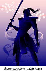 A samurai silhouette. A samurai is standing with a katana sword.