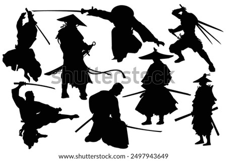 Samurai silhouette warrior sword ninja Japanese katana. Ninjas in various fighting poses, warrior sword silhouette, set of silhouettes martial art of Taekwondo, samurai combat with swords illustration