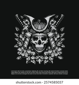 Samurai skull dark art vector illustration isolated on black background