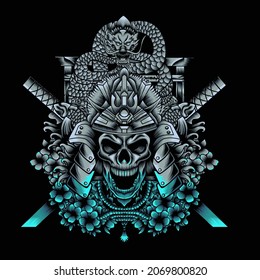 Samurai Skull with dragon, sword, and sakura blossom