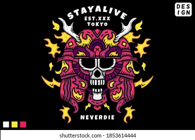 Samurai Skull head in hype style with stay alive typography. illustration for t shirt, poster, logo, sticker, or apparel merchandise.