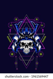 cabeza de cráneo samurai con ornamento sagrado de geometría. vector eps10
