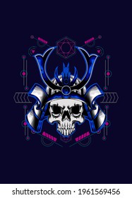 cabeza de cráneo samurai con ornamento sagrado de geometría. vector eps10