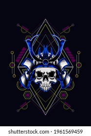 cabeza de cráneo samurai con ornamento sagrado de geometría. vector eps10