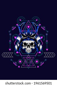 cabeza de cráneo samurai con ornamento sagrado de geometría. vector eps10