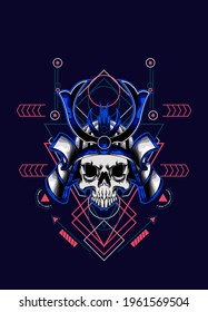 cabeza de cráneo samurai con ornamento sagrado de geometría. vector eps10