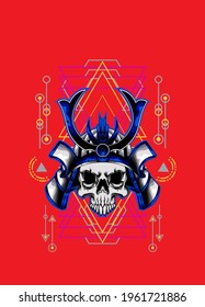 samurai skull head with sacred geometry ornament on isolated background. eps10 vector