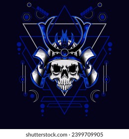 cabeza de cráneo samurai con ornamento sagrado de geometría