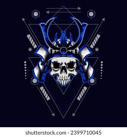 cabeza de cráneo samurai con ornamento sagrado de geometría