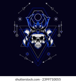 cabeza de cráneo samurai con ornamento sagrado de geometría