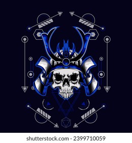 cabeza de cráneo samurai con ornamento sagrado de geometría
