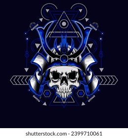 cabeza de cráneo samurai con ornamento sagrado de geometría