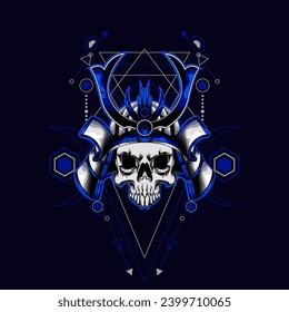 cabeza de cráneo samurai con ornamento sagrado de geometría