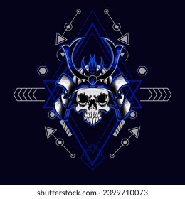 cabeza de cráneo samurai con ornamento sagrado de geometría
