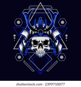 cabeza de cráneo samurai con ornamento sagrado de geometría