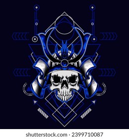cabeza de cráneo samurai con ornamento sagrado de geometría