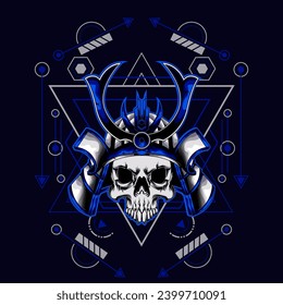 cabeza de cráneo samurai con ornamento sagrado de geometría