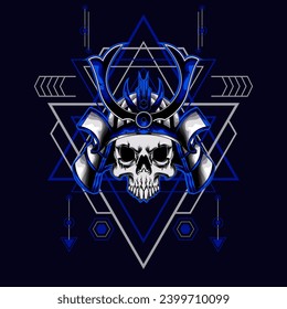 cabeza de cráneo samurai con ornamento sagrado de geometría