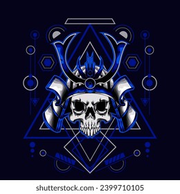 cabeza de cráneo samurai con ornamento sagrado de geometría