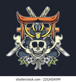 samurai skull head with sharp sword.samurai armour helm