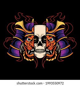 Samurai and skull head vector illustration