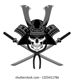 Samurai skull in a helmet with swords. Vector image on white background.