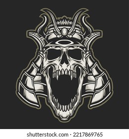 Samurai skull logo on dark gray background. Vector inspiration. Design element for logo,community logo,tshirt,emblem,poster. Vector illustration.
