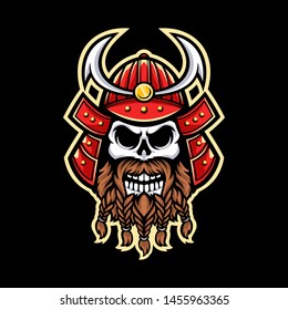 Samurai skull mascot Logo isolated on Dark Background
