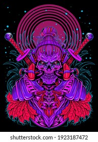 samurai skull with modern style neon light vector illustration