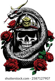 Samurai skull with oni snake and rose