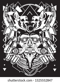 samurai skull robot black and white with sacred geometry background for tshirt design