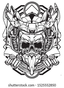 samurai skull robot black and white with sacred geometry background for tshirt design