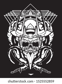 samurai skull robot black and white with sacred geometry background for tshirt design