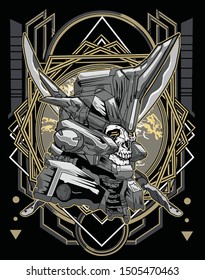 samurai skull robot with sacred geometry