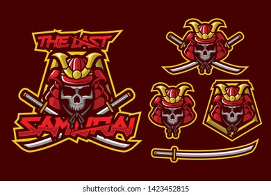 Samurai skull sport or e-sport style mascot design include katana isolated on dark red background